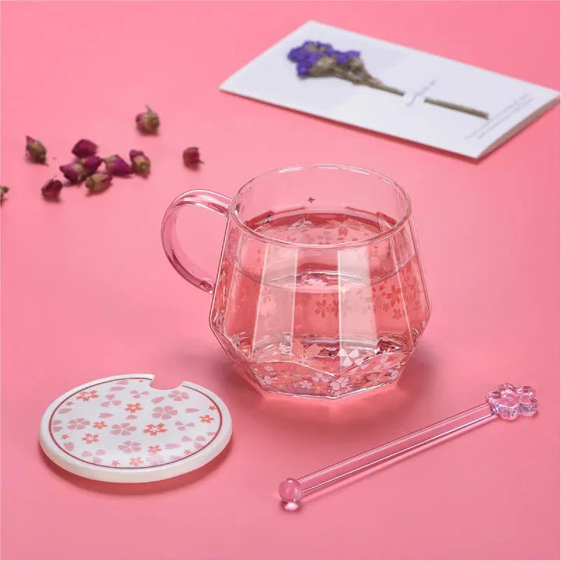 Glass Water Cup With Diamond Cherry Blossom Pattern Lovely Girl - Bellarte Enchanté Glass Water Cup With Diamond Cherry Blossom Pattern Lovely Girl